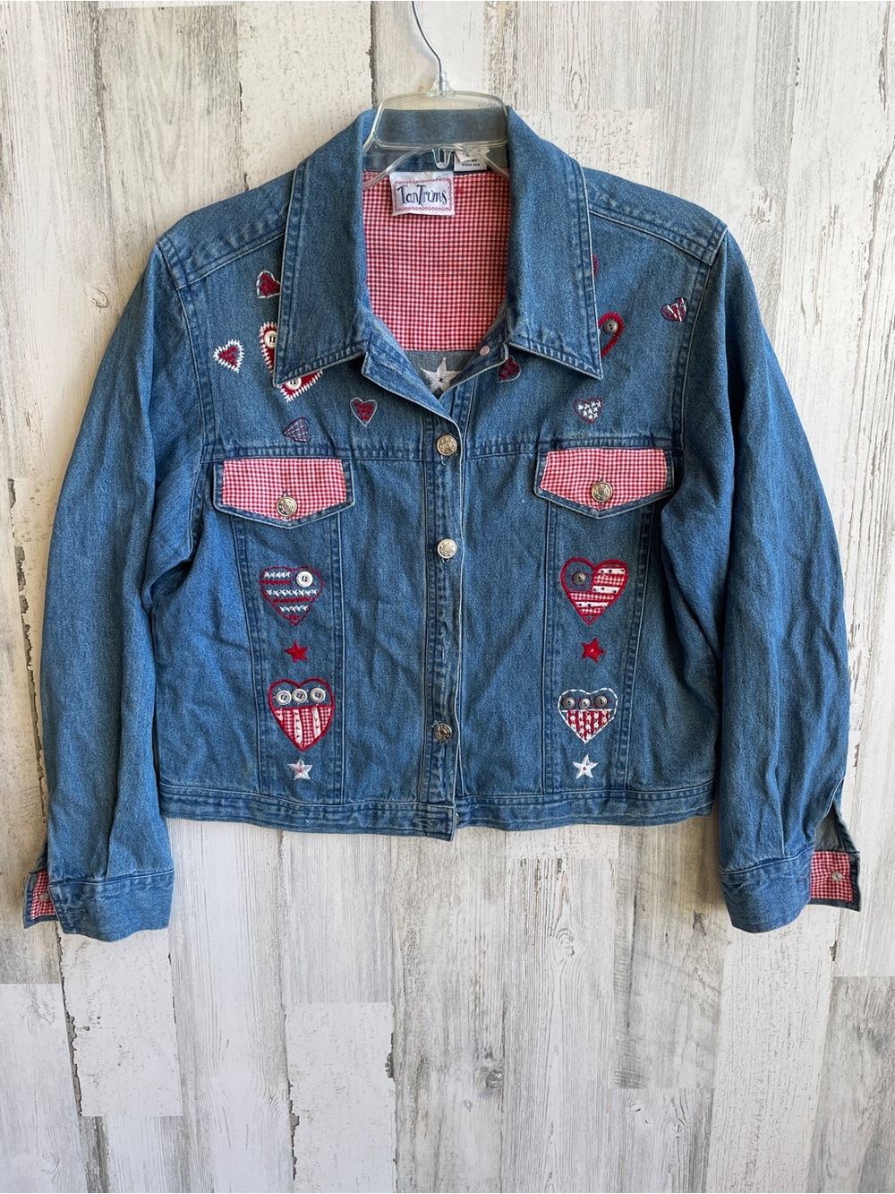 Vintage Blue Denim Jacket with Red Heart, Flag & Stars Embroidery Patriotic Vote